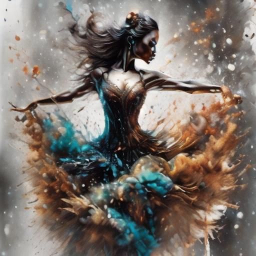 Ballerina in Teal Tutu Dancing in Misty Rain