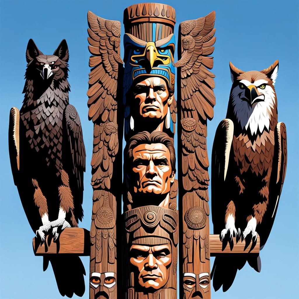Totem Pole Featuring Eagle and Celebrity Likenesses