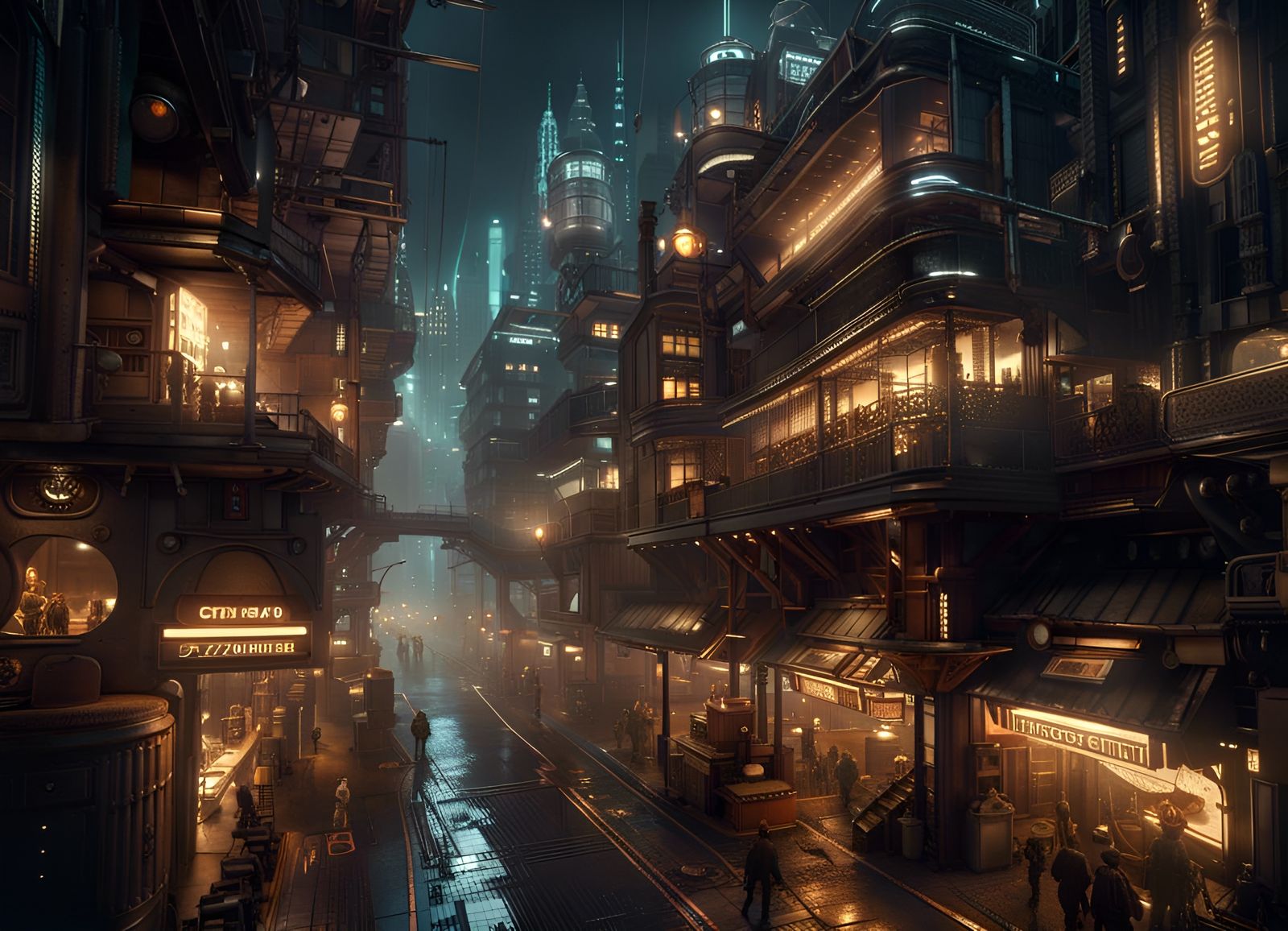 Steampunk Megacity Nightscape in Hyperrealistic Style