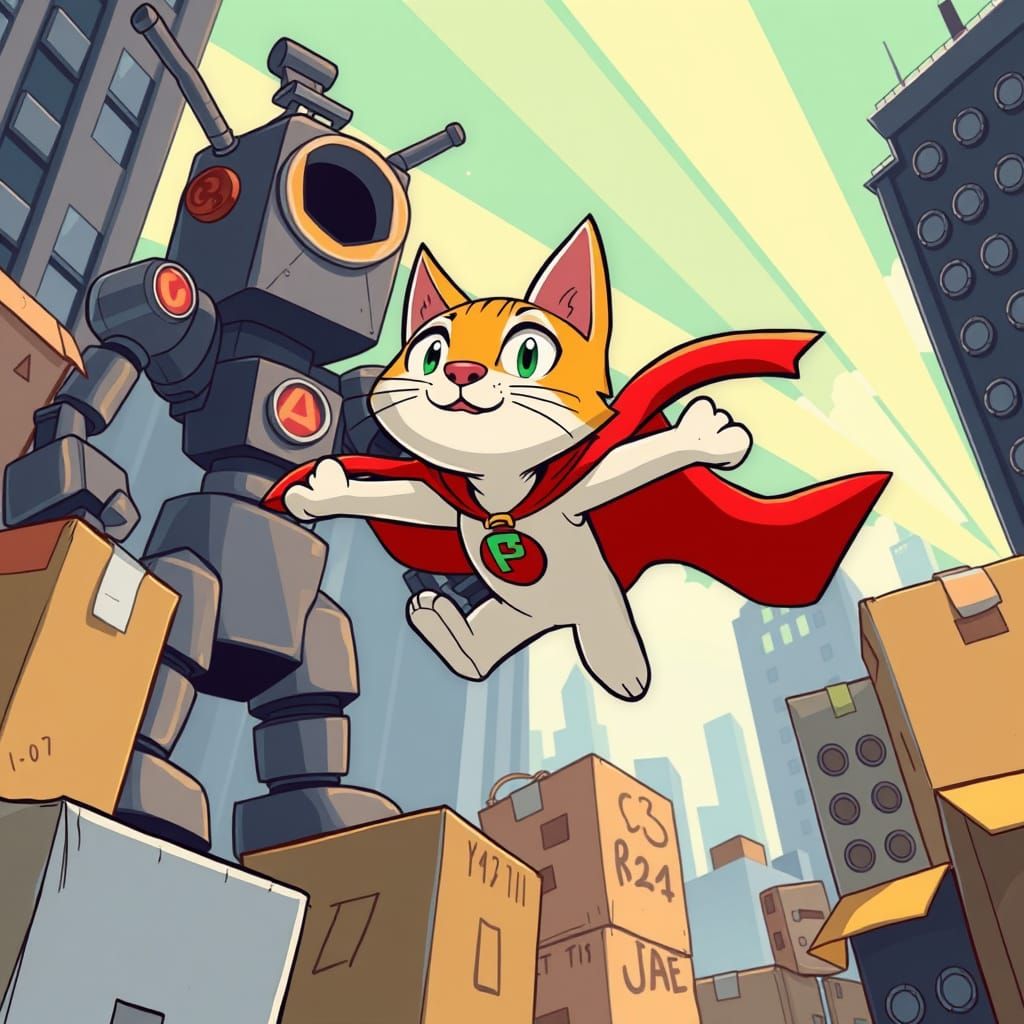Cartoon Superhero Cat Battles Robot in Cardboard City