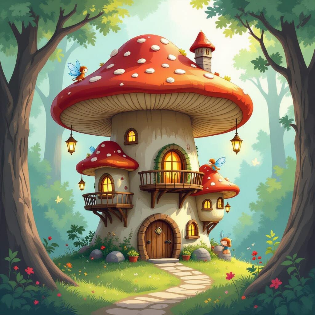 Whimsical Mushroom Treehouse Village with Glowing Lanterns