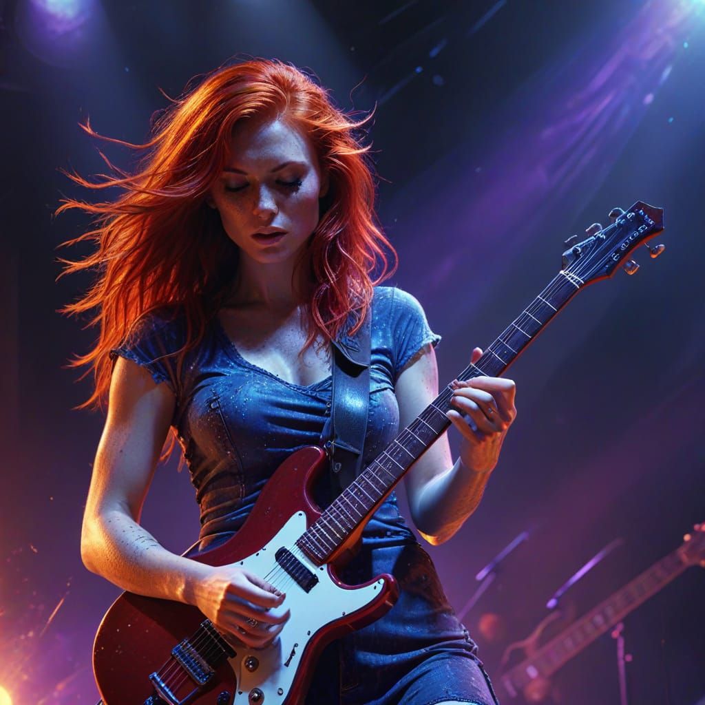 Redhead Guitarist in Fiery Rock and Roll Performance