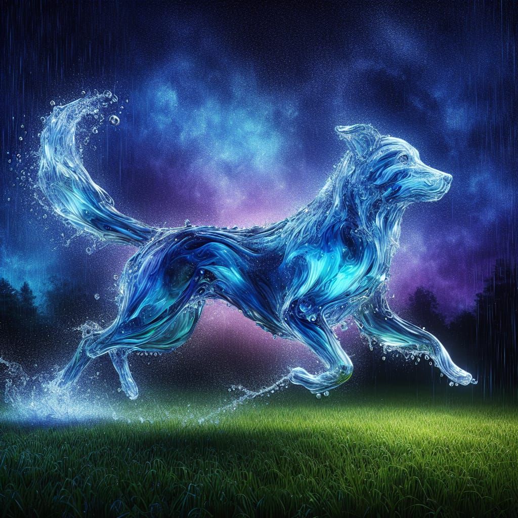 Transparent Water Dog Runs Through Rainy Night Sky