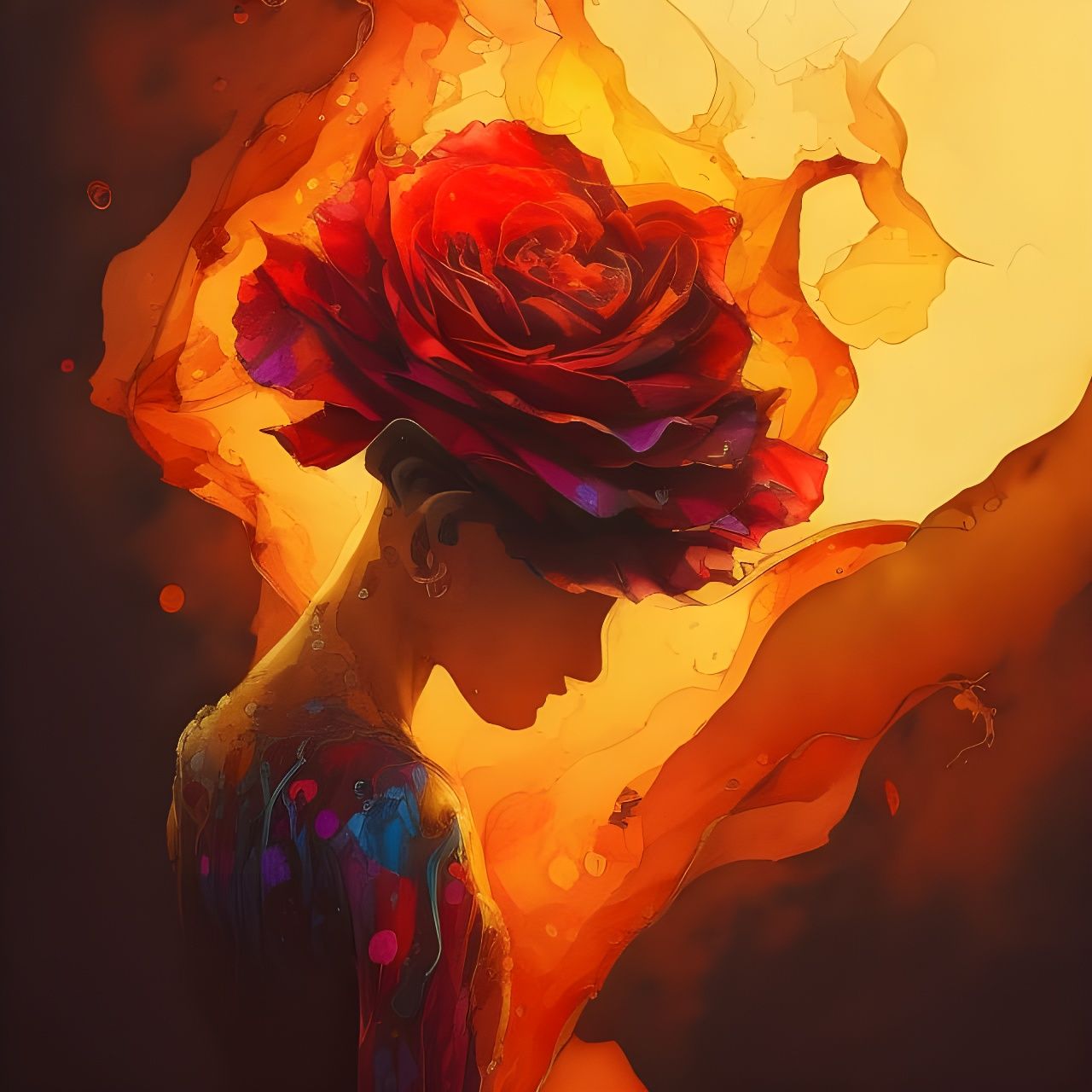 Burning Rose Watercolor Illustration in 8K