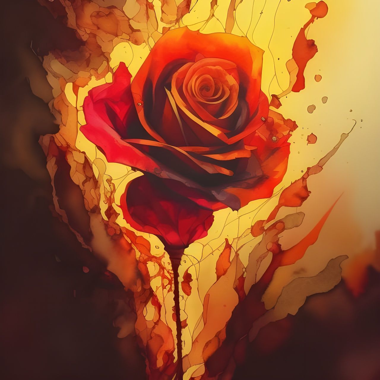 Burning Rose Watercolor with Ink Drips