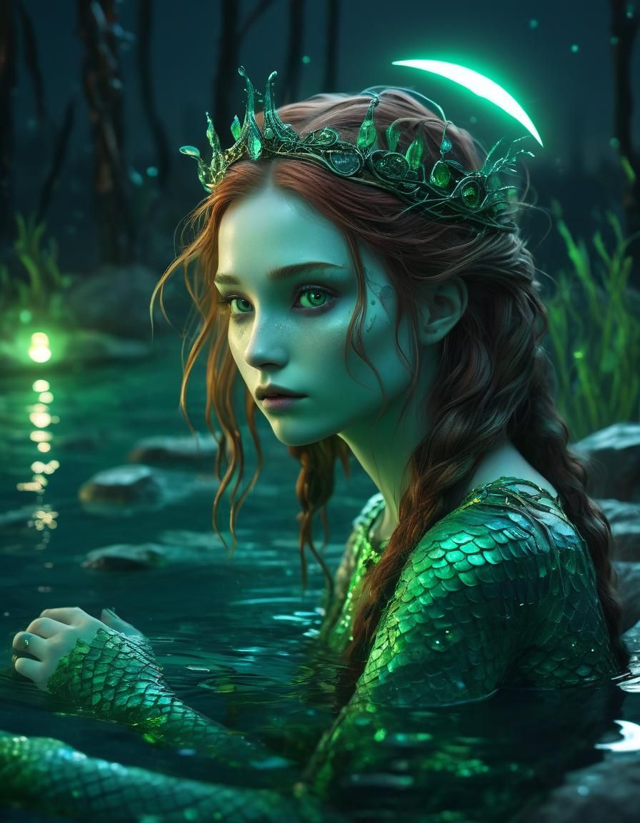 Sad Mermaid with Copper Comb in Noir Fantasy Art