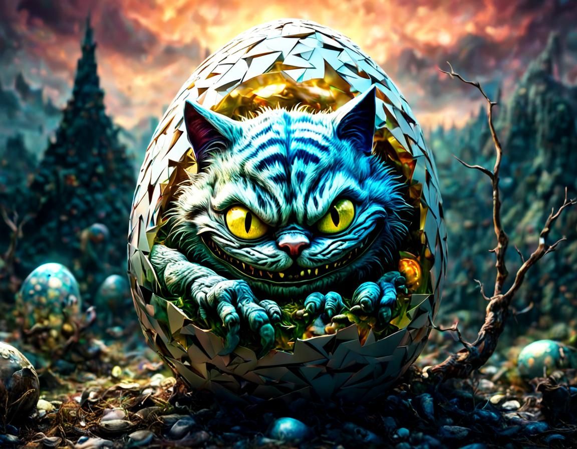 Surreal Cheshire Cat Emerges in Chromatic Landscape