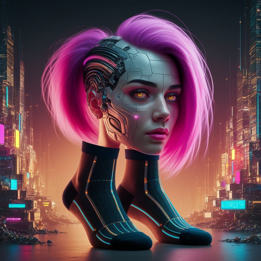 Cyberpunk Woman Portrait on Socks in Digital Art
