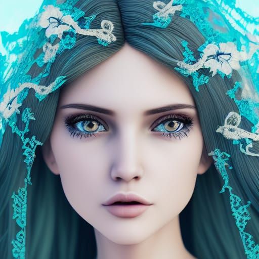 Elegant Lady in Turquoise Lace Dress, Hyper-Realistic