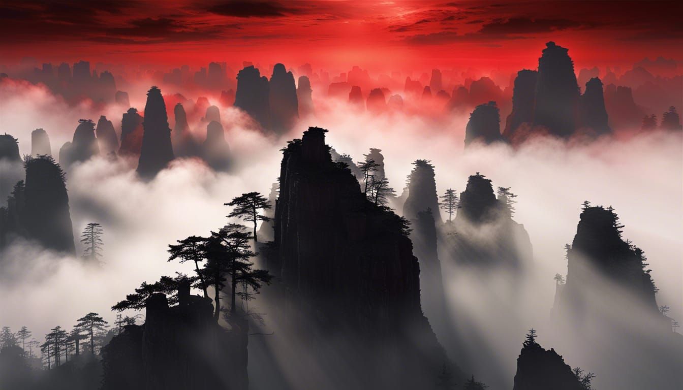 Tianzi Mountains Silhouette in Chinese Art Style