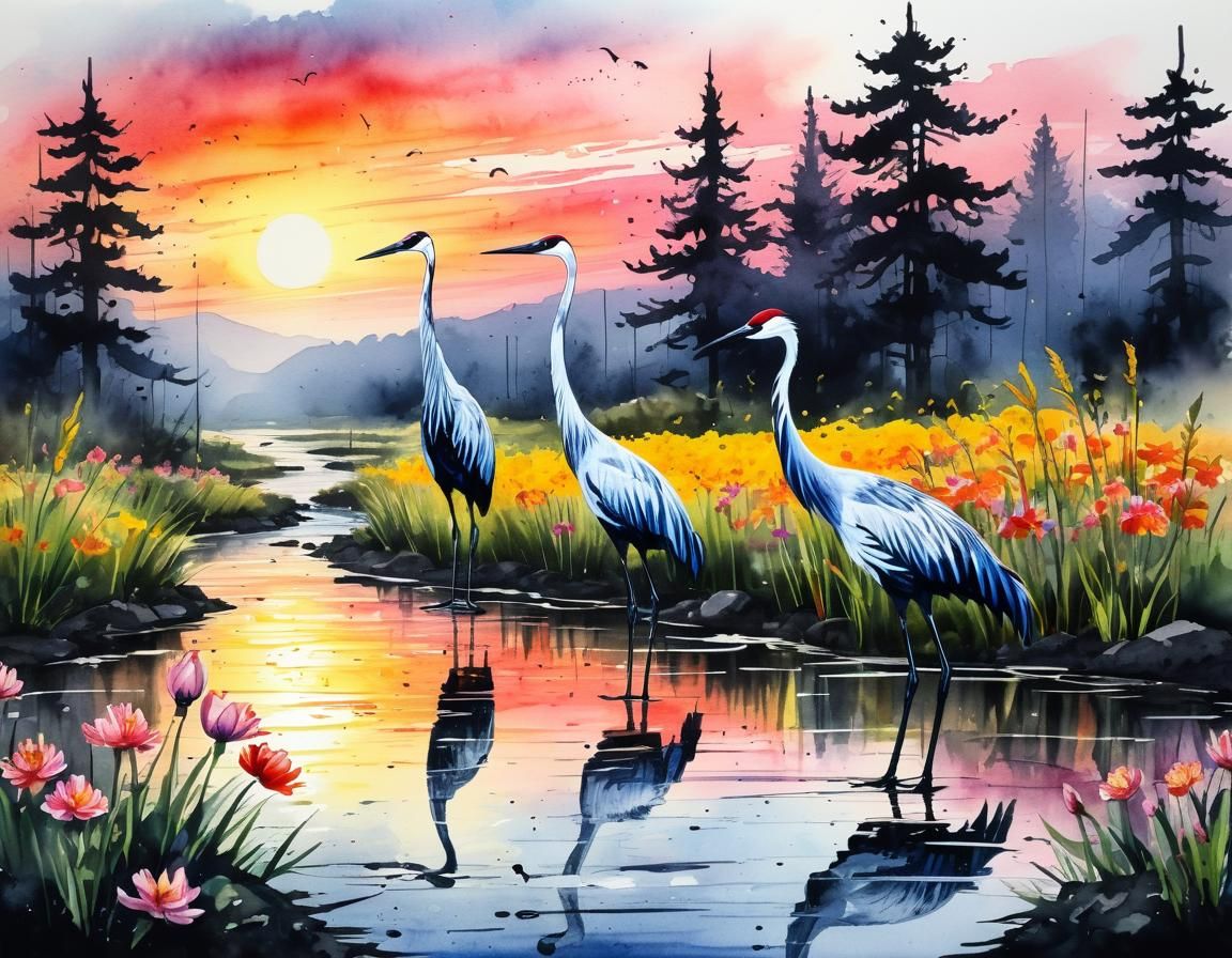 Creek with Cranes at Sunrise in Watercolor Style