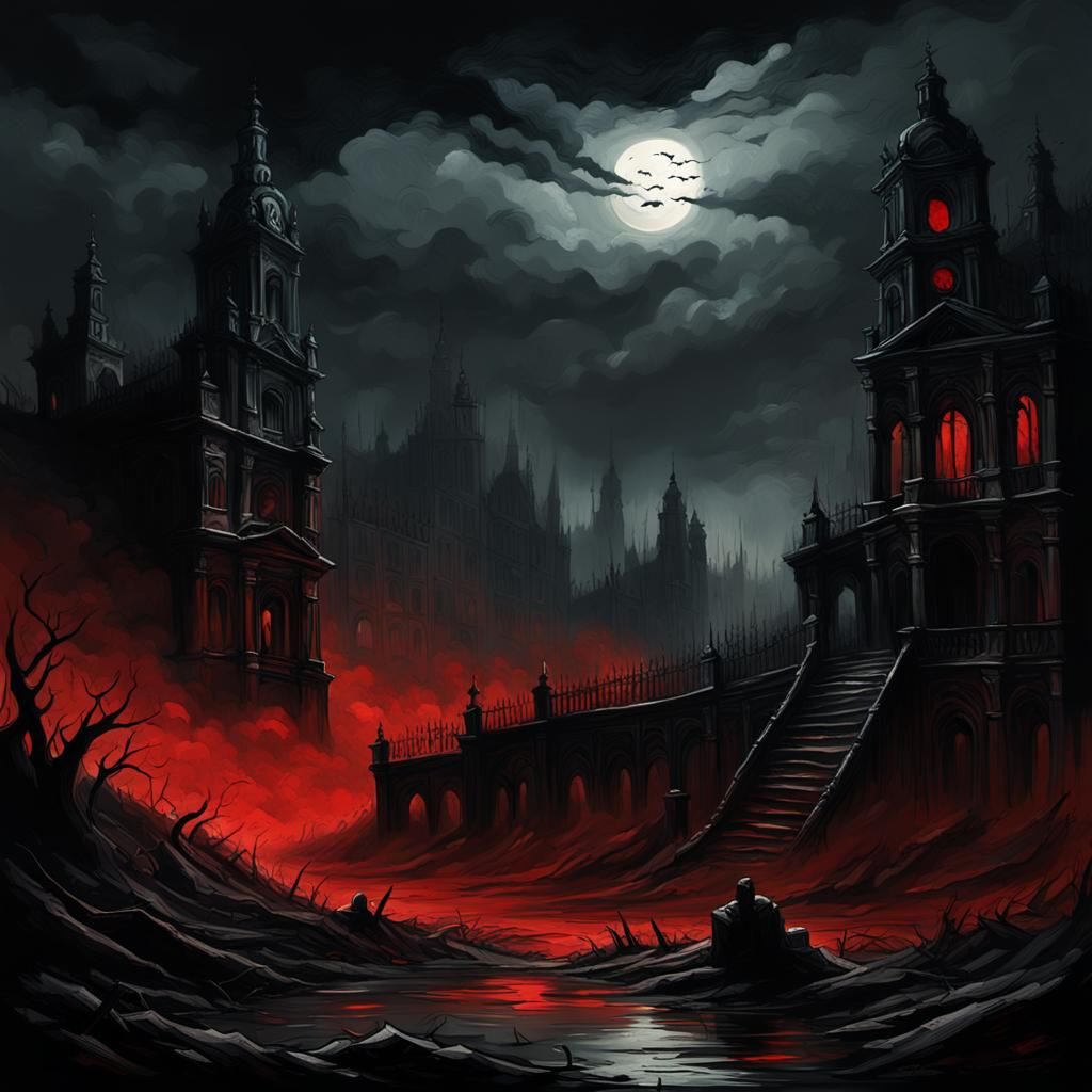 Dystopian City Silhouette Against Red Sky