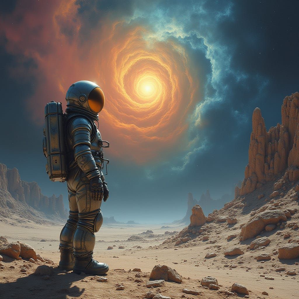 Astronaut on Alien Planet Gazing at Nebula in Cosmic Surreal...