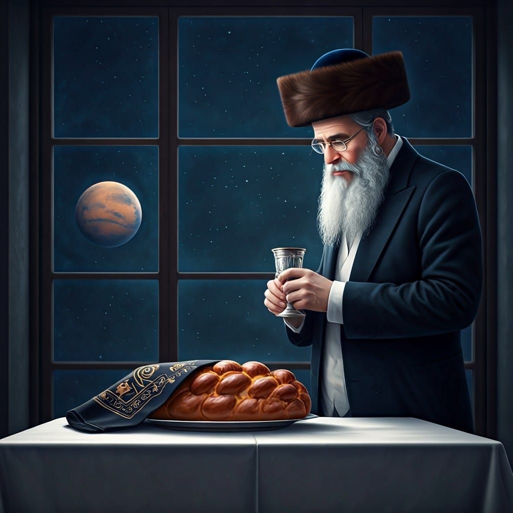 Hasidic Father in Traditional Attire, Silver Cup, and Celest...