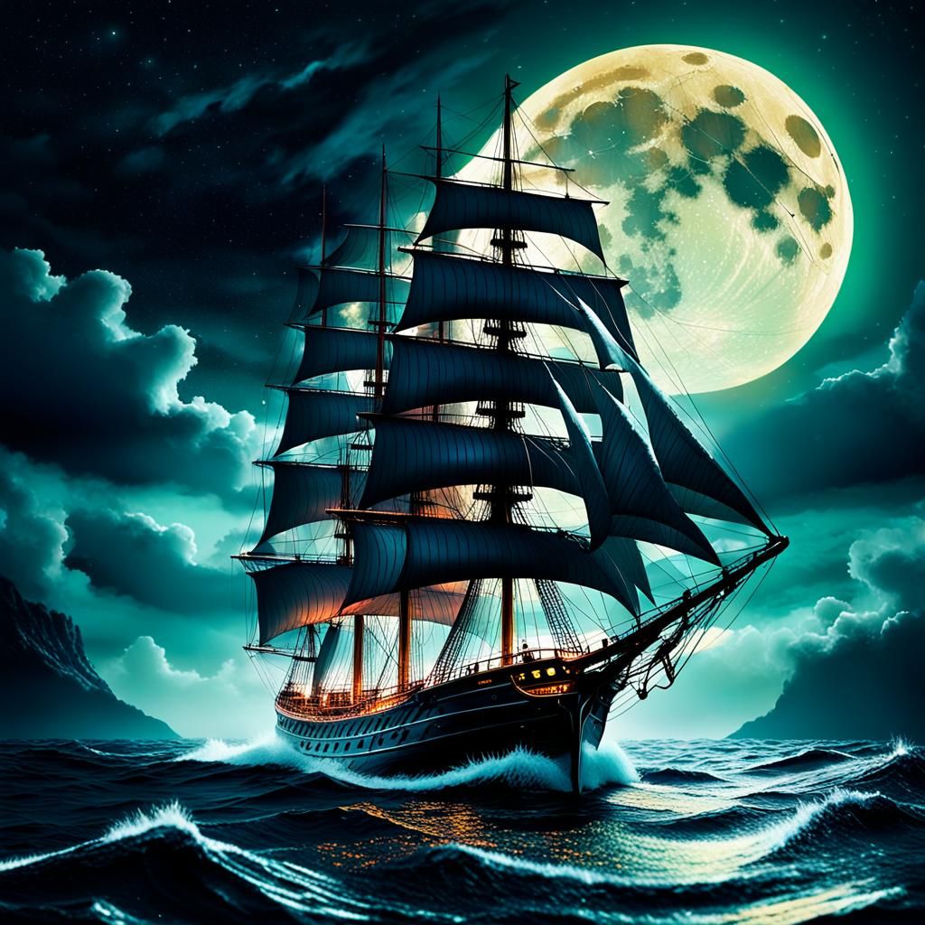 Sailing Ship Amidst Stormy Seas in Digital Art