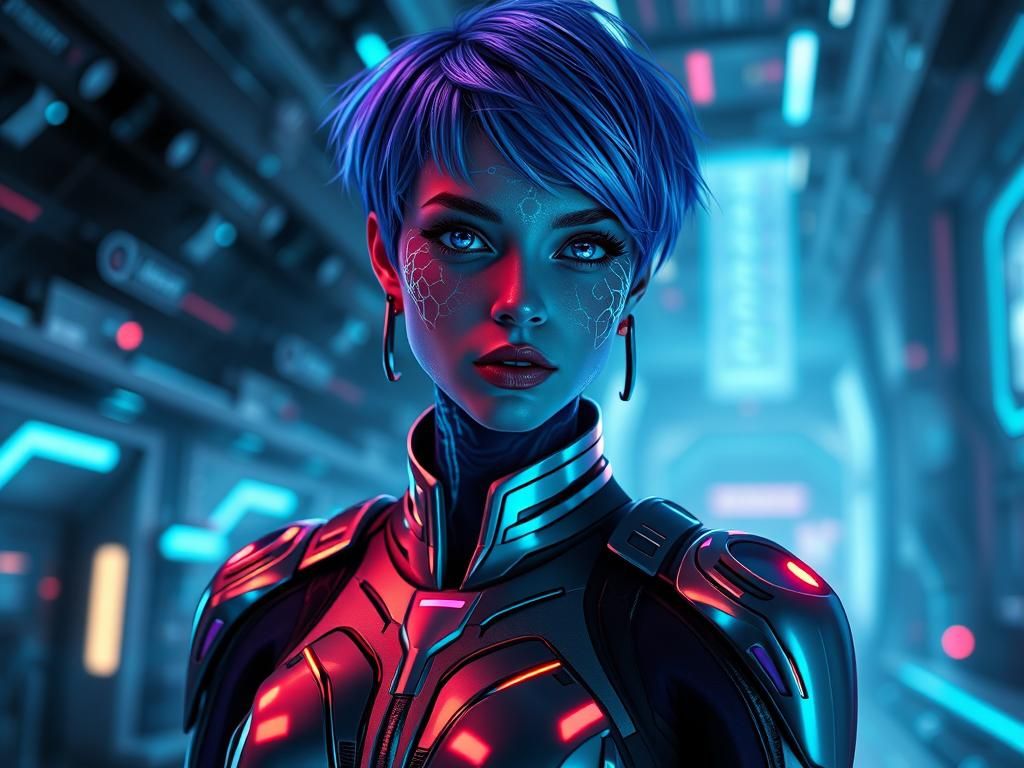 Cybernetic Woman in Futuristic Sci-Fi Environment