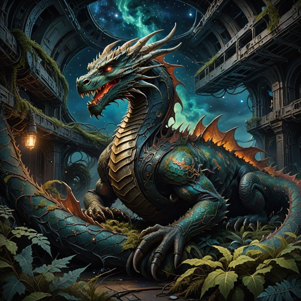 Ancient Dragon Sleeps on Derelict Space Station in Cosmic Oi...