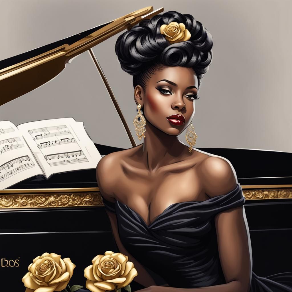 Elegant Lady at Grand Piano with Gold Roses