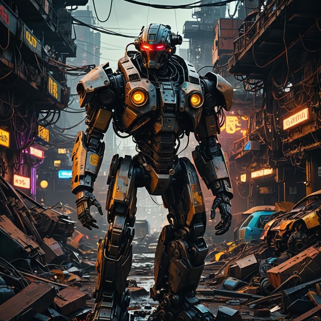 Cyborg Hero in Junkyard: Cyberpunk Neon Noir