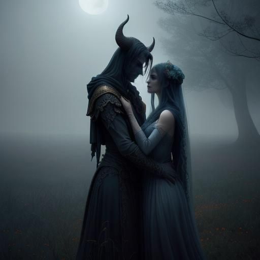 Tiefling Woman and Human Man Embrace