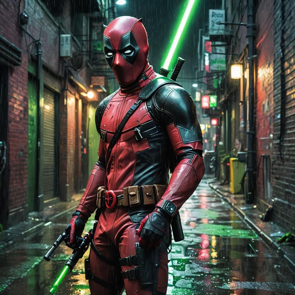 Deadpool with Green Lightsaber in Neon Alleyway