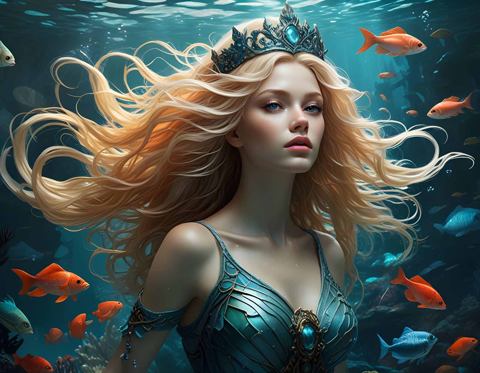 Sea Sprite Guardian in Underwater City Watercolor