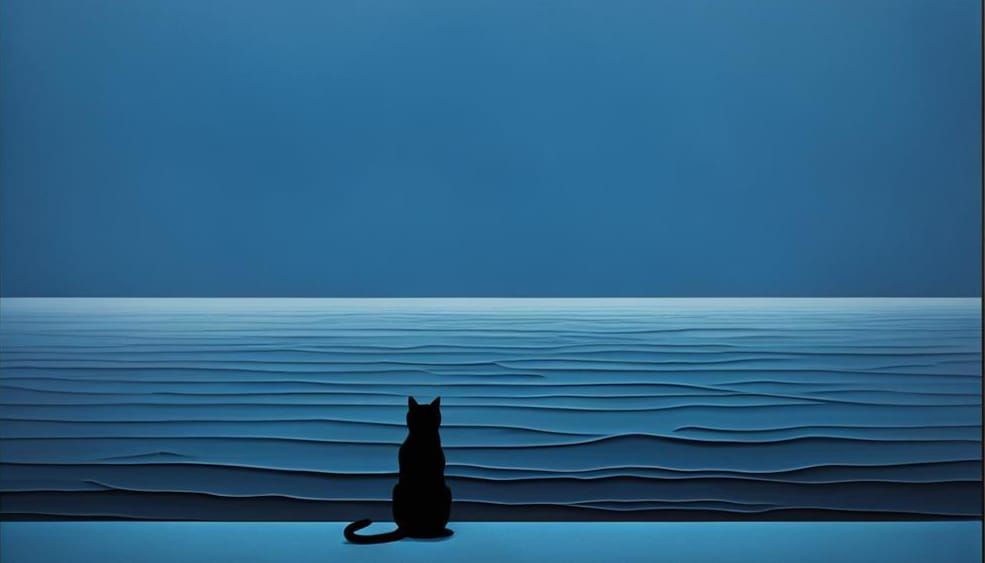 Blue Cat Watches Ocean: Canevas-Style 2D Painting