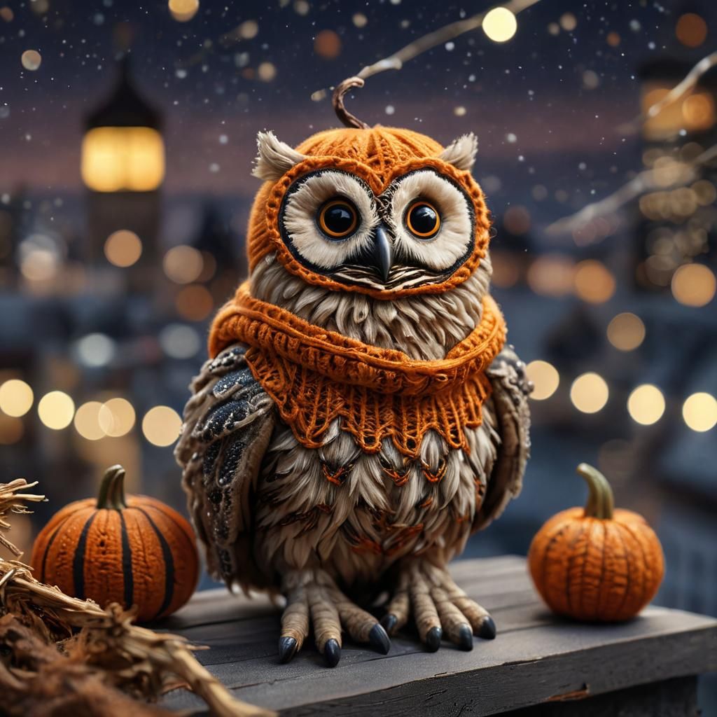 Baby Owl in Pumpkin Costume Under Starry Sky