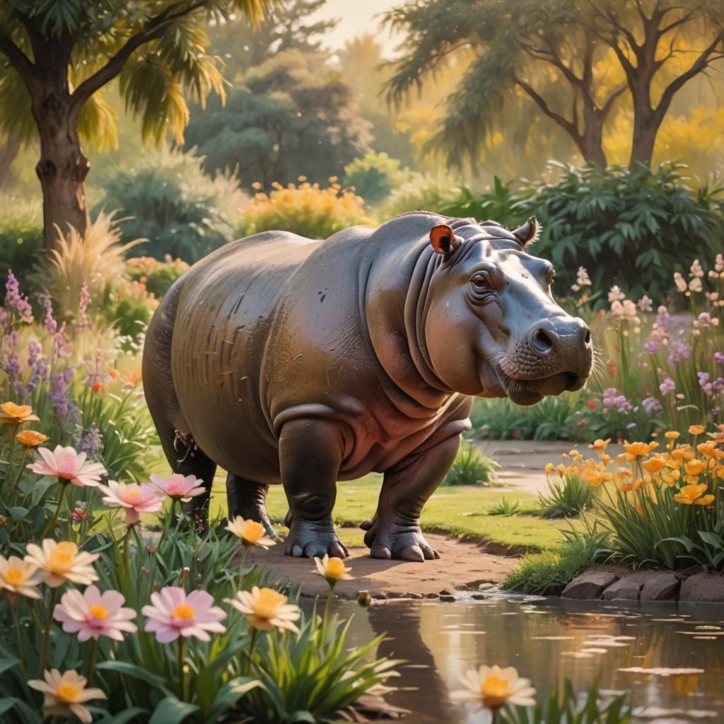 Hippopotamus Gardening in Impressionistic Style