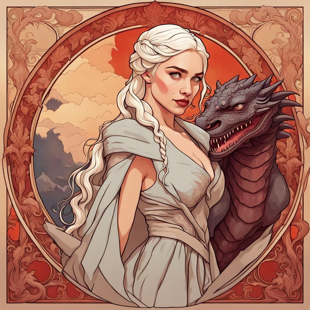 Daenerys and Drogon in Mucha Style