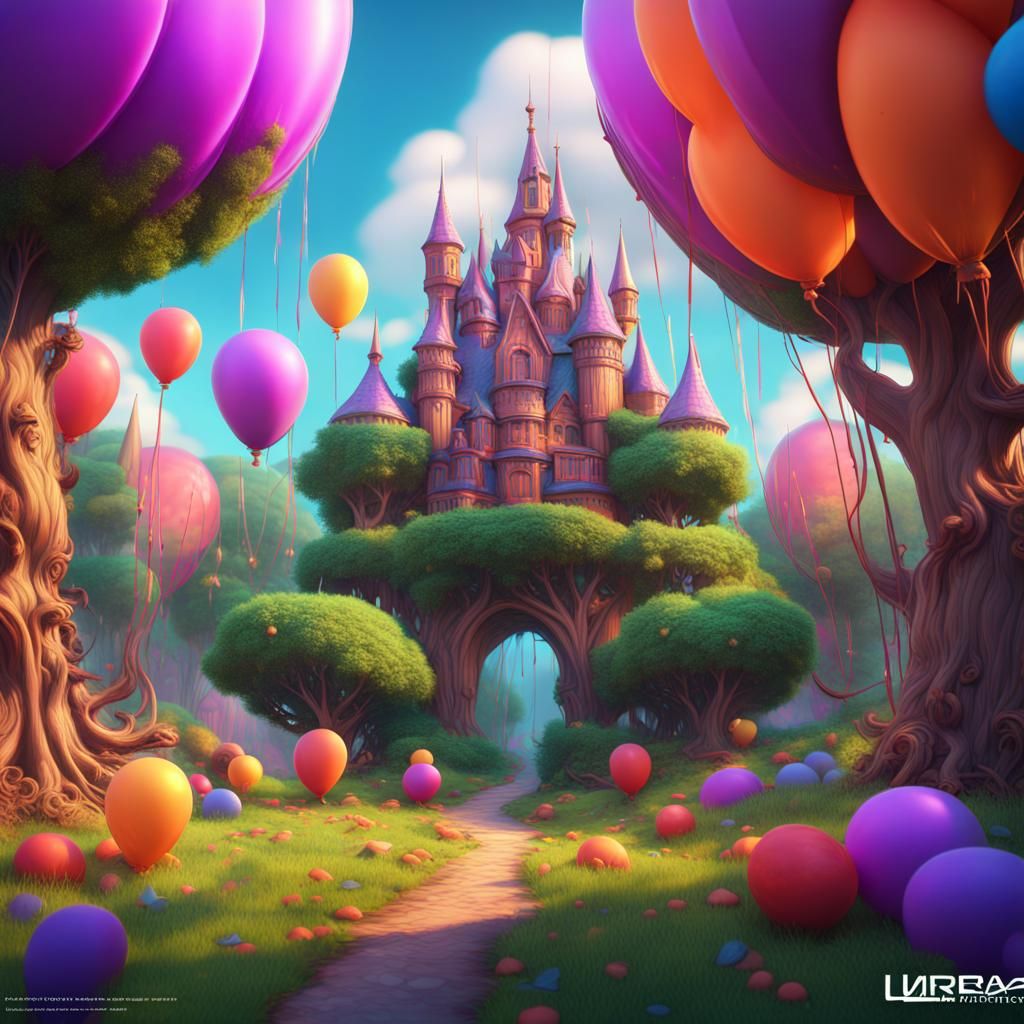 Psychedelic Birthday Background with Balloons and Trees
