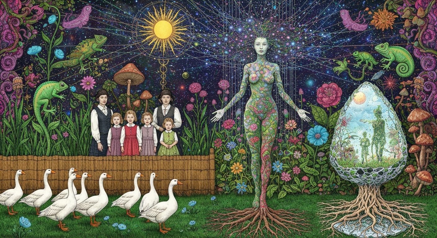 Folkloric Robot and Twins in Surreal Eco-Art Garden