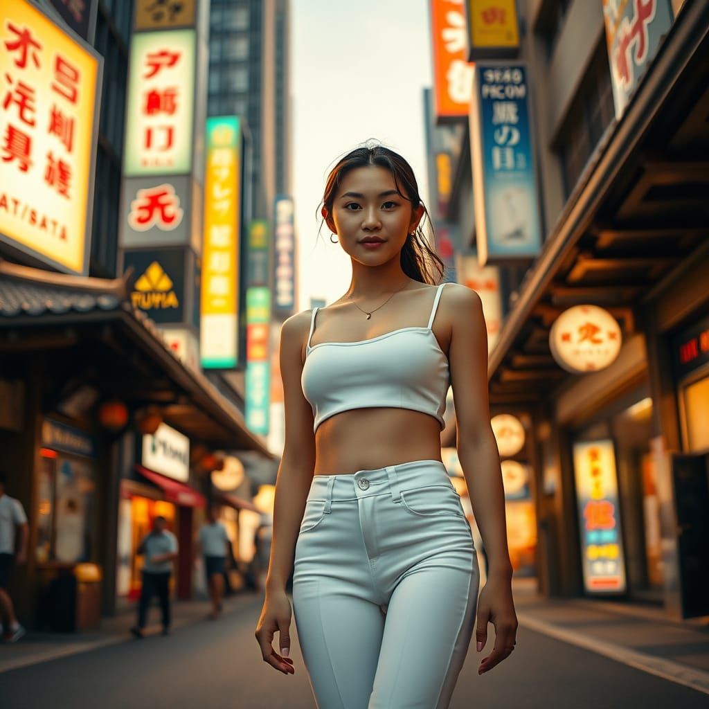 Tokyo Street Scene: Japanese Woman in Golden Hour Light
