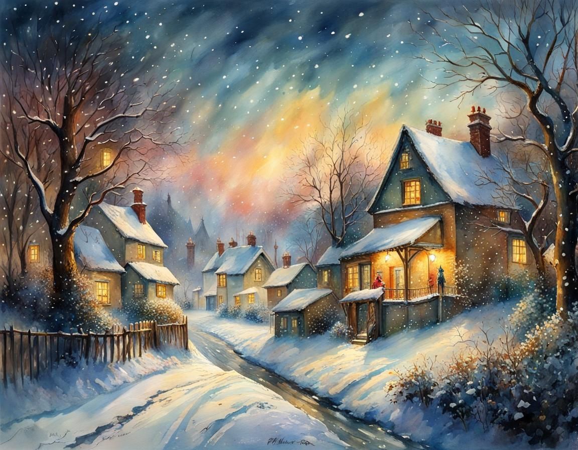 Golden Hour Winter Wonderland in Watercolor Style