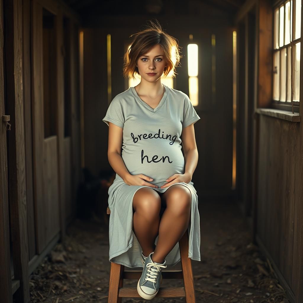 Pregnant Woman in Chicken Coop: Fine Art Photo