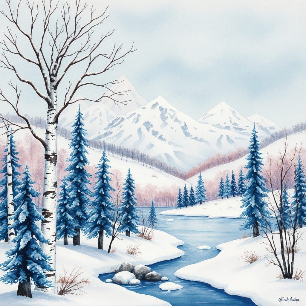 Whimsical landscape, enchanting winter wonderland, birch trees and blue fir trees, snow capped mountains in the distance...