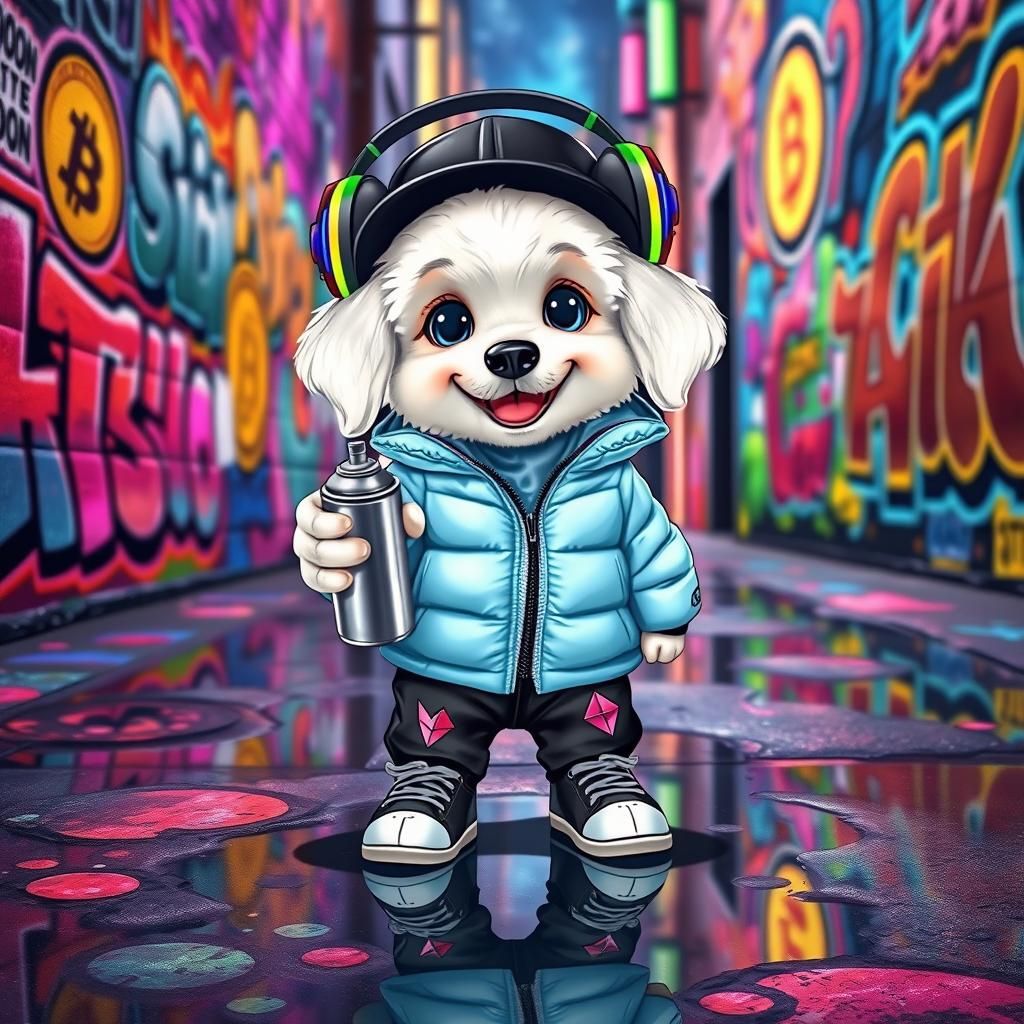 Puppy Graffiti Artist in Neon Alley