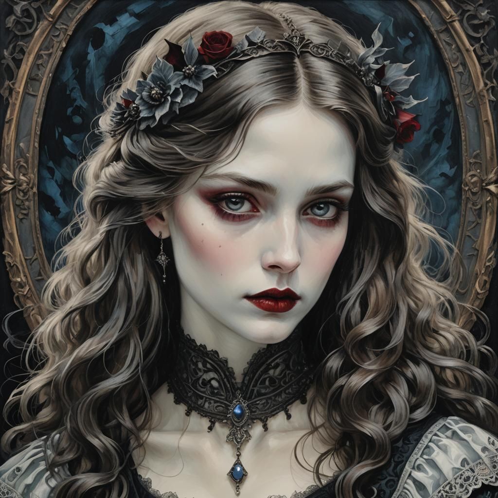Victorian Oil Painting of a Vampyric Girl Portrait