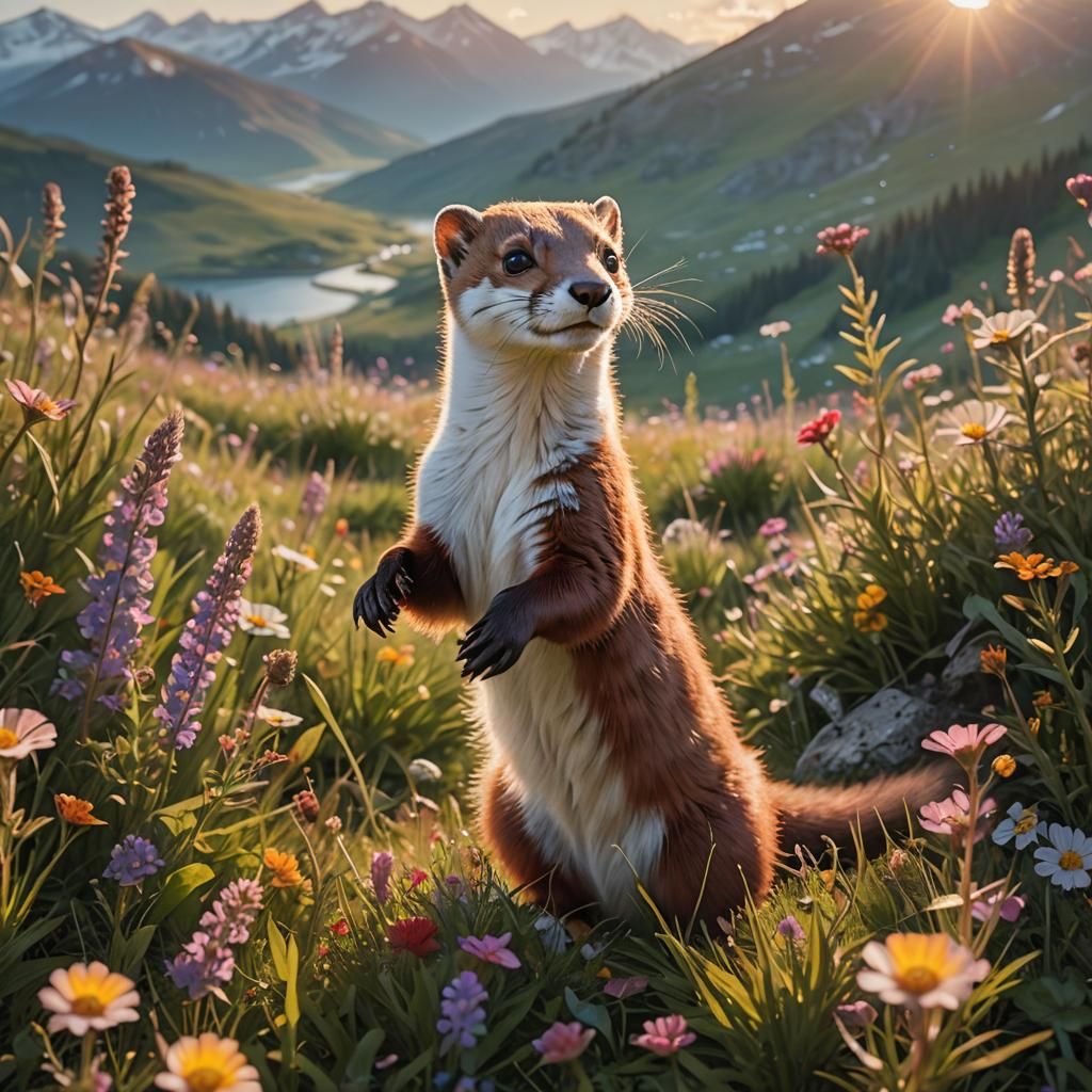 Stoat Leaping in Alpine Meadow: Wildlife Photography