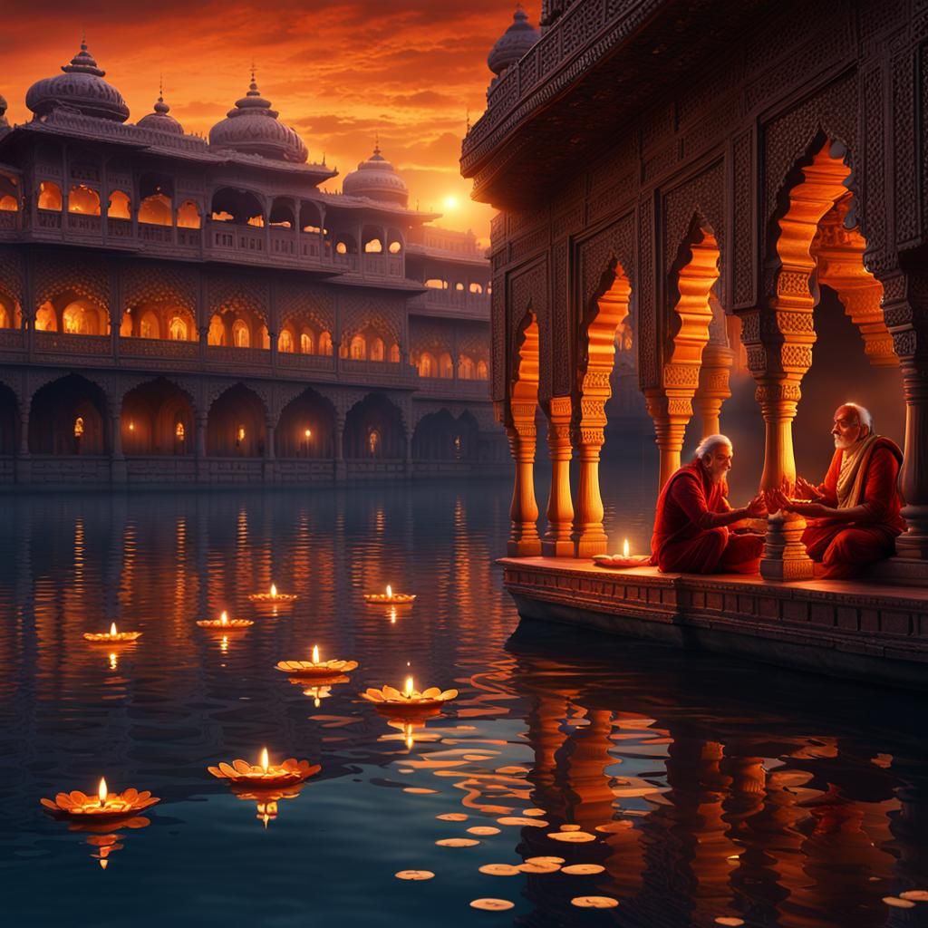 Indian Palace Diyas Reflected at Sunset: Matte Painting
