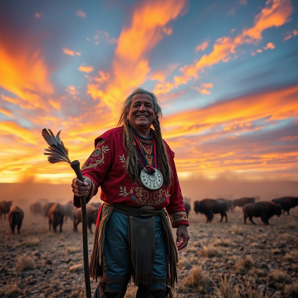 Heyoka Medicine Man in Plains Sunset, Romanticism Style
