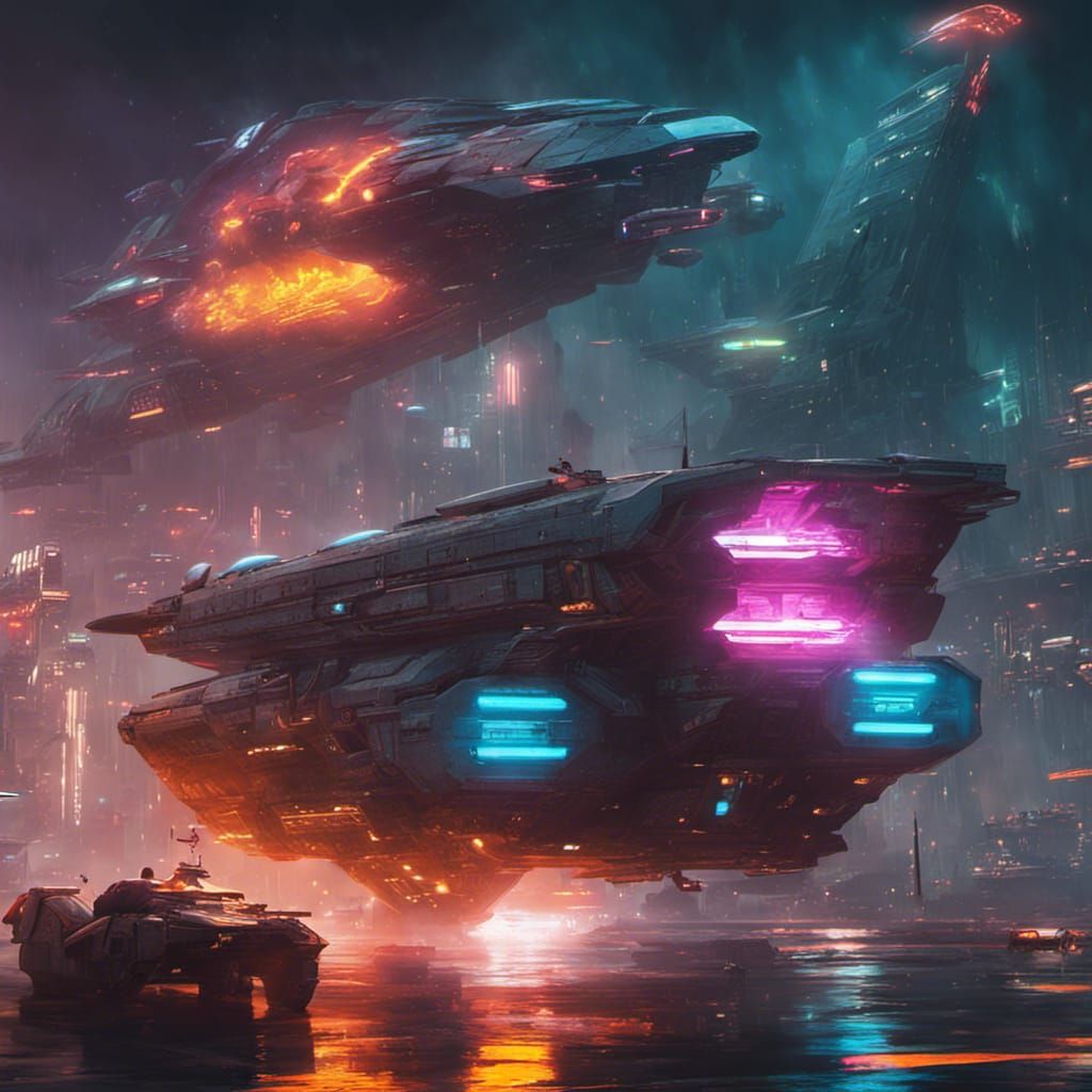 Futuristic Space Battle in Cyberpunk Style