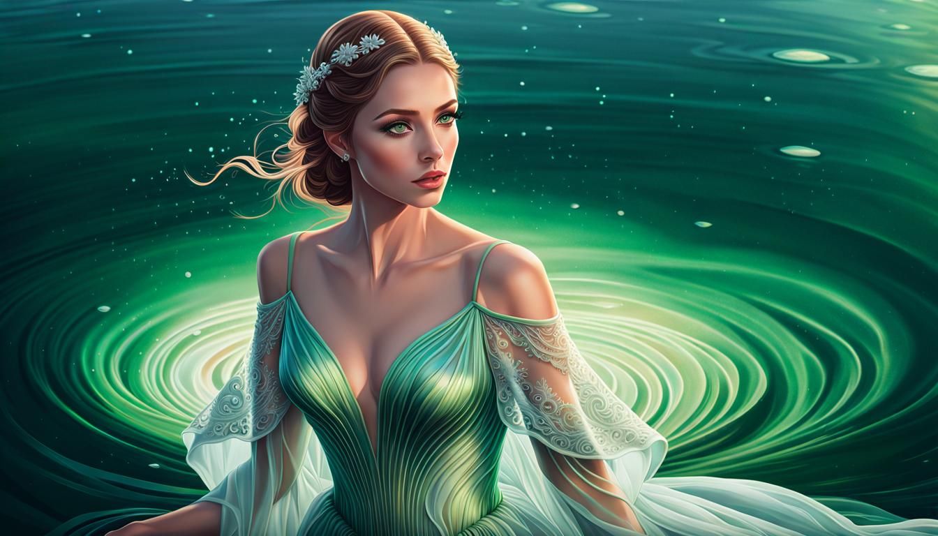 Ethereal Woman Portrait in Aurora-Lit Lake, Digital Art