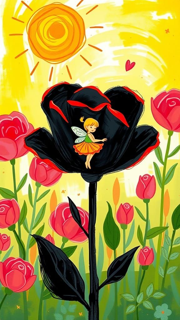 Whimsical Rose Garden with Fairy in Childlike Crayon Style