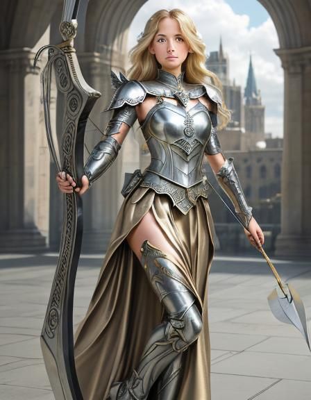 Medieval Angel in Bronze Armor with Bow and Arrow