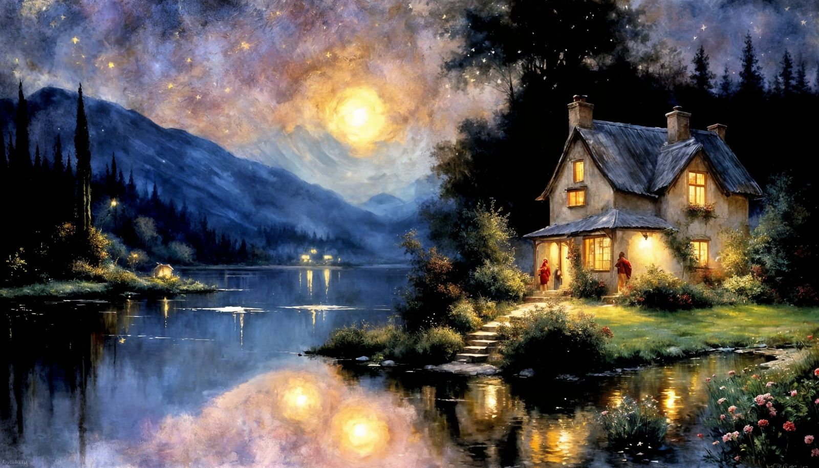 Beautiful nightscape, shimmering stars, reflections in lake, cottage, forest, ✨Rackham, Dulac, pino daeni