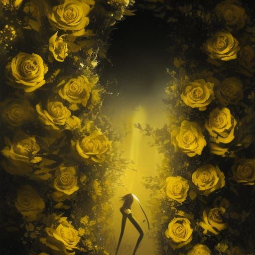 Black Cat Among Yellow Roses in Dark Fantasy Style