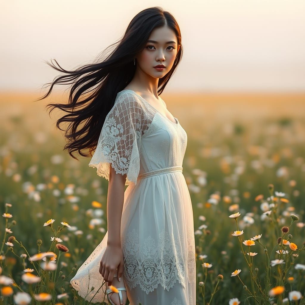 Japanese Woman in Wildflower Field at Dawn