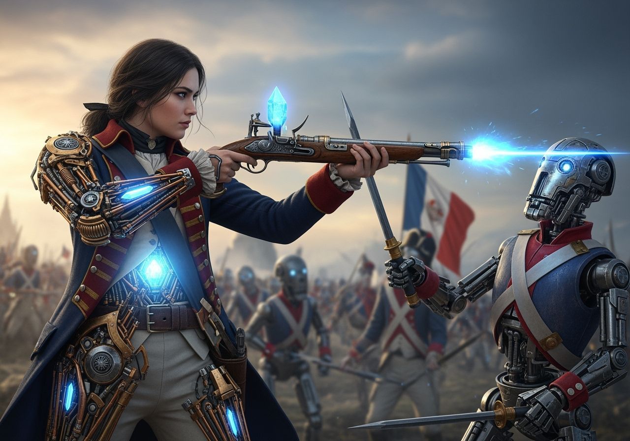 Cyborg Revolutionary Aims Pistol in Matte Painting Style