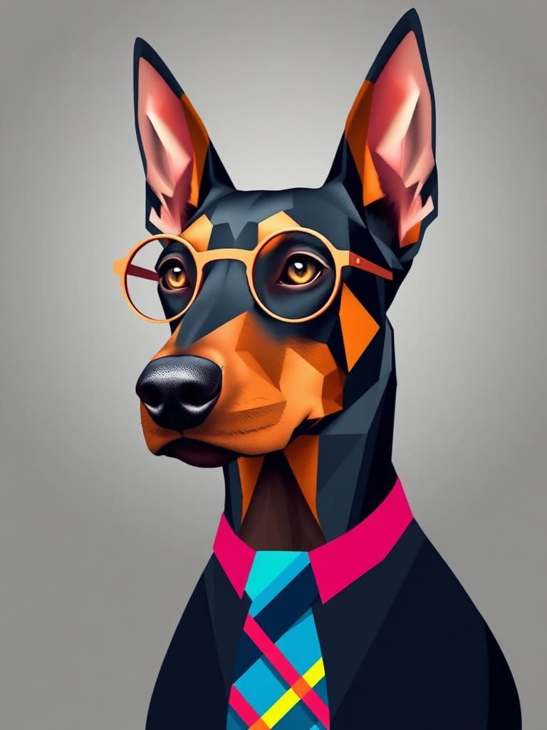 Geometric Doberman Portrait with Glasses and Tie